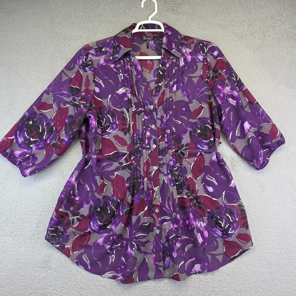 Daisy Fuentes Button Up Blouse Women 1X Purple Boho Pleated Floral Sheer Resort